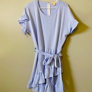 Michael Kors Blue/White Striped Ruffle Dress
